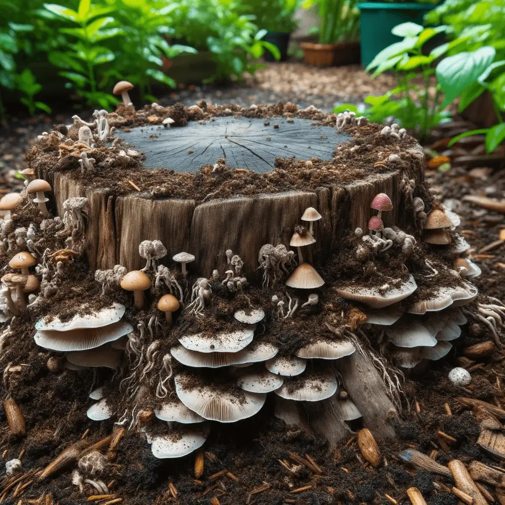 A tree stump in a garden is surrounded by clusters of mushrooms and fungi of various sizes and colors, with green plants and soil in the background.