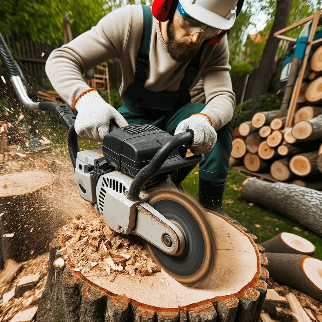 A person wearing safety gear uses a chainsaw to cut a tree stump outdoors, with wood chips flying and stacks of logs visible in the background.