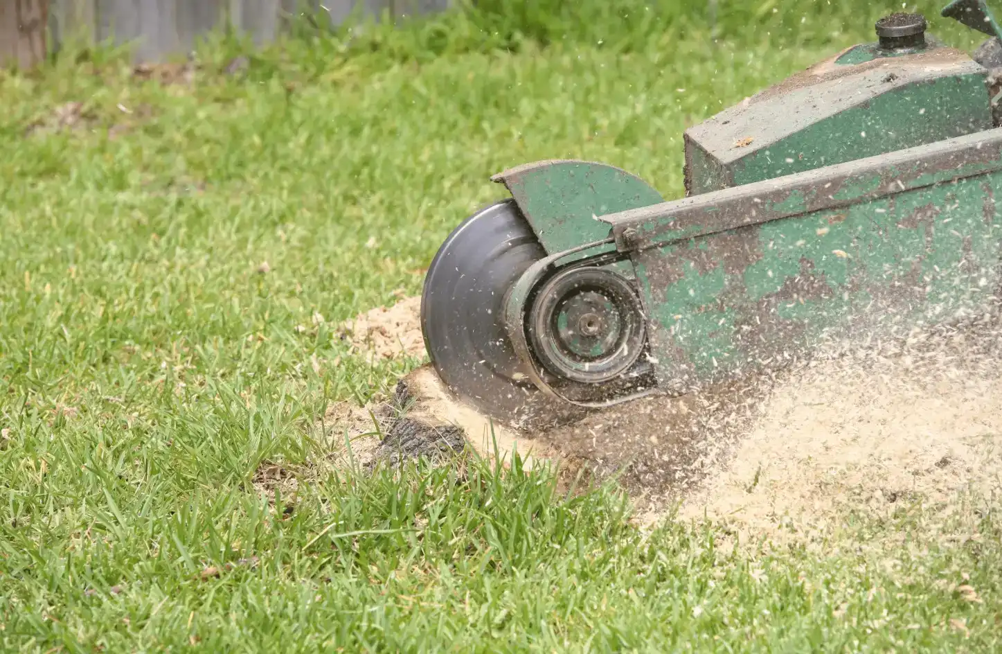 A green stump grinder machine in action, cutting into a tree stump on a grassy lawn, with wood chips and sawdust flying around.