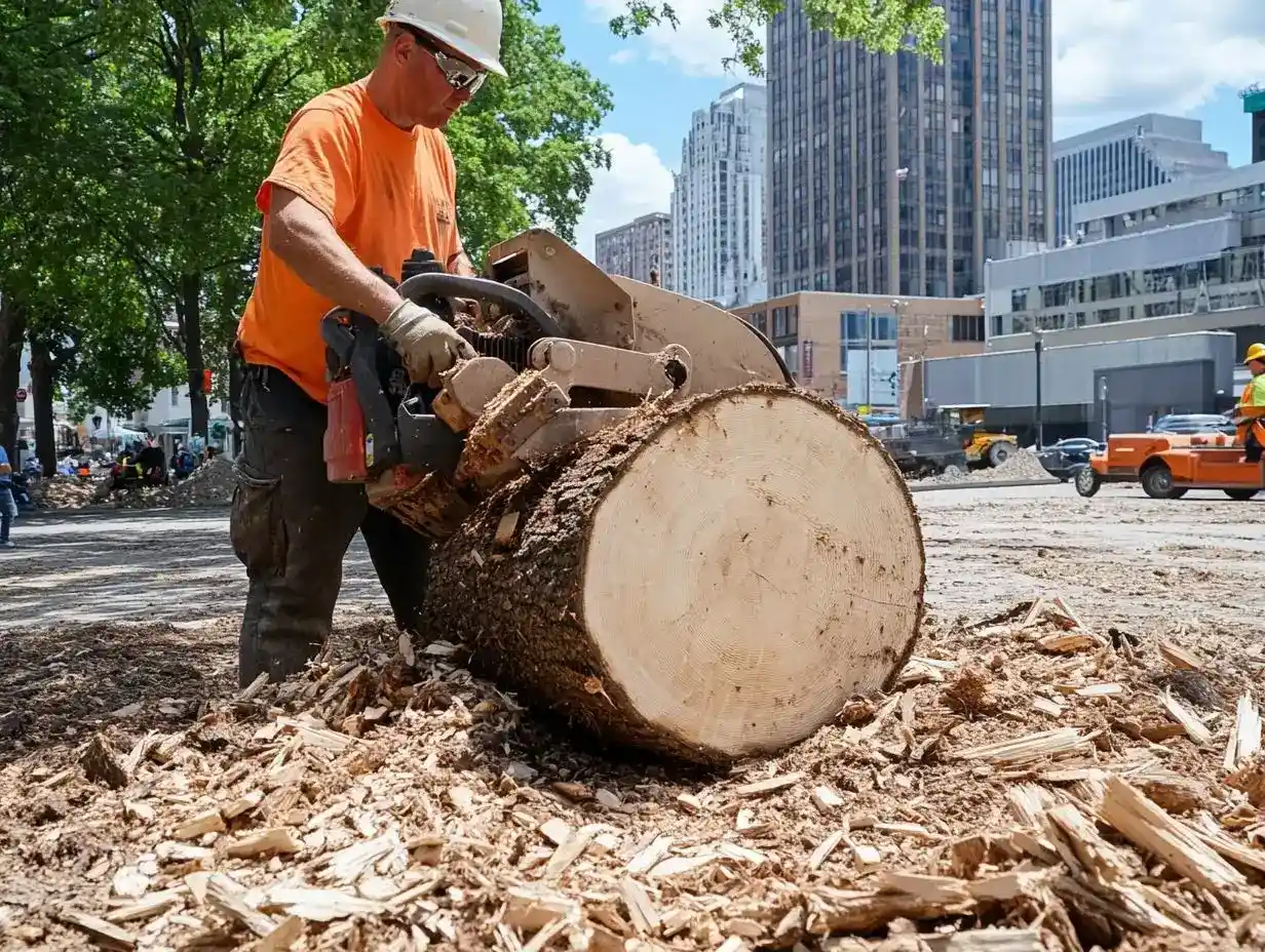 One of our team members in an orange shirt uses a chainsaw to cut a large tree trunk into sections in an urban area, with tall buildings, vehicles, and other workers in the background. Wood chips cover the ground.