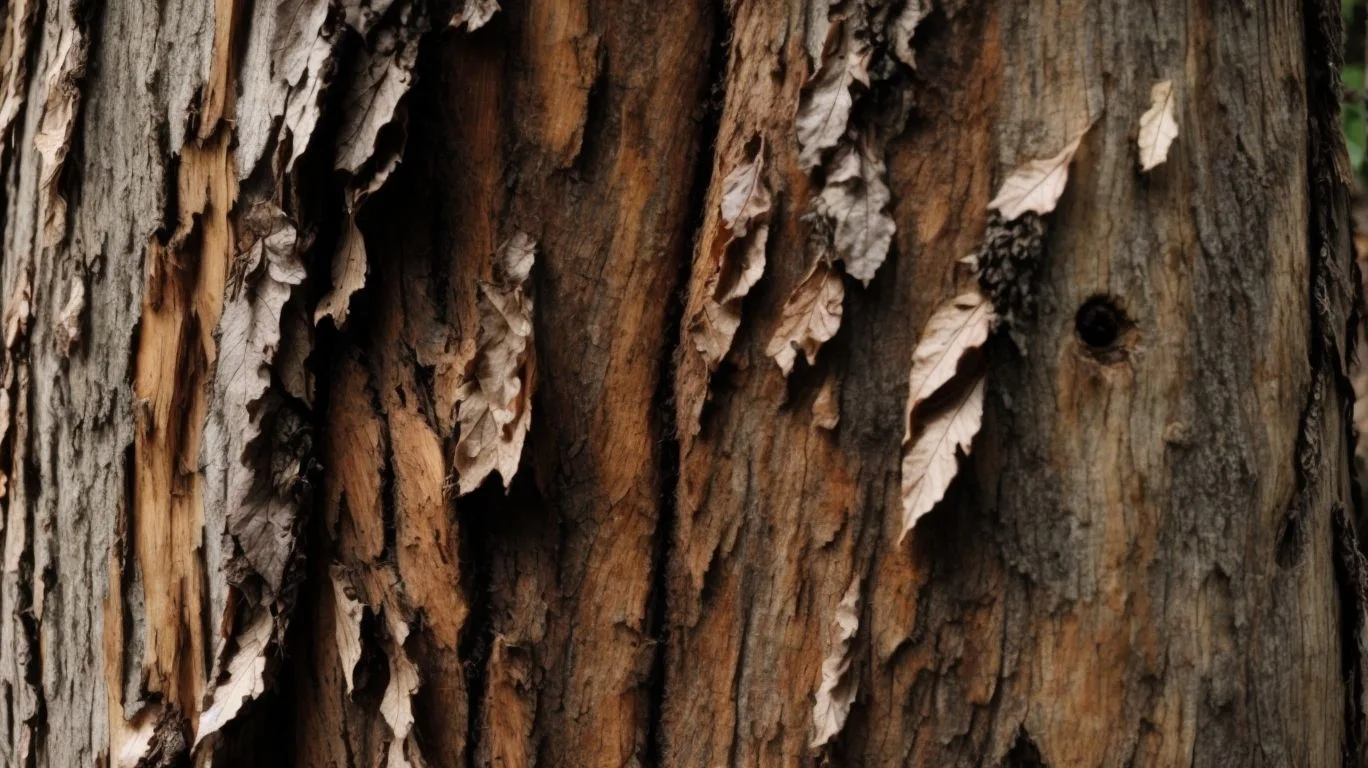 Close-up of rough tree bark with peeling, jagged layers in shades of brown and gray, showing deep grooves and textured surfaces.