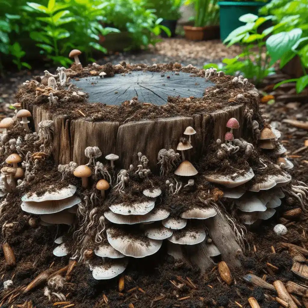 A tree stump in a garden, covered with clusters of various types of mushrooms and surrounded by green plants and soil.