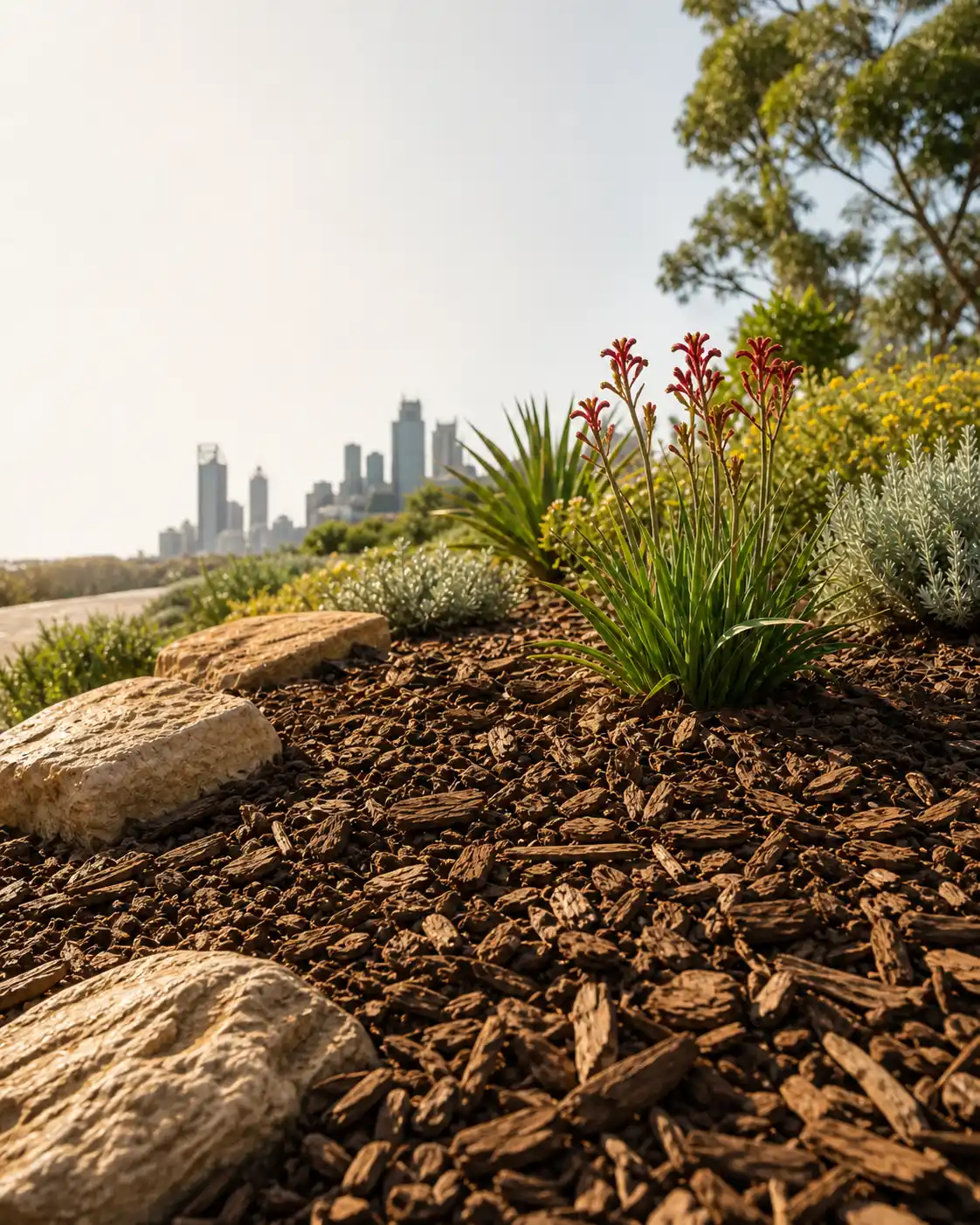 A landscaped garden with mulch, rocks, and flowering plants in the foreground