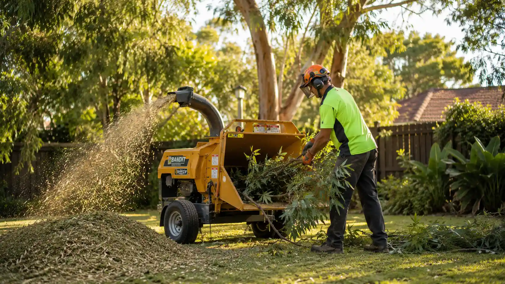 Arborist using a wood chipper to recycle tree branches into mulch in a Perth suburban backyard.