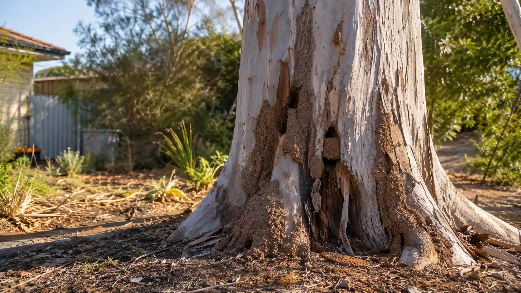 Close-up of a Perth eucalyptus tree base showing termite mud tubes and damaged bark in a suburban garden.