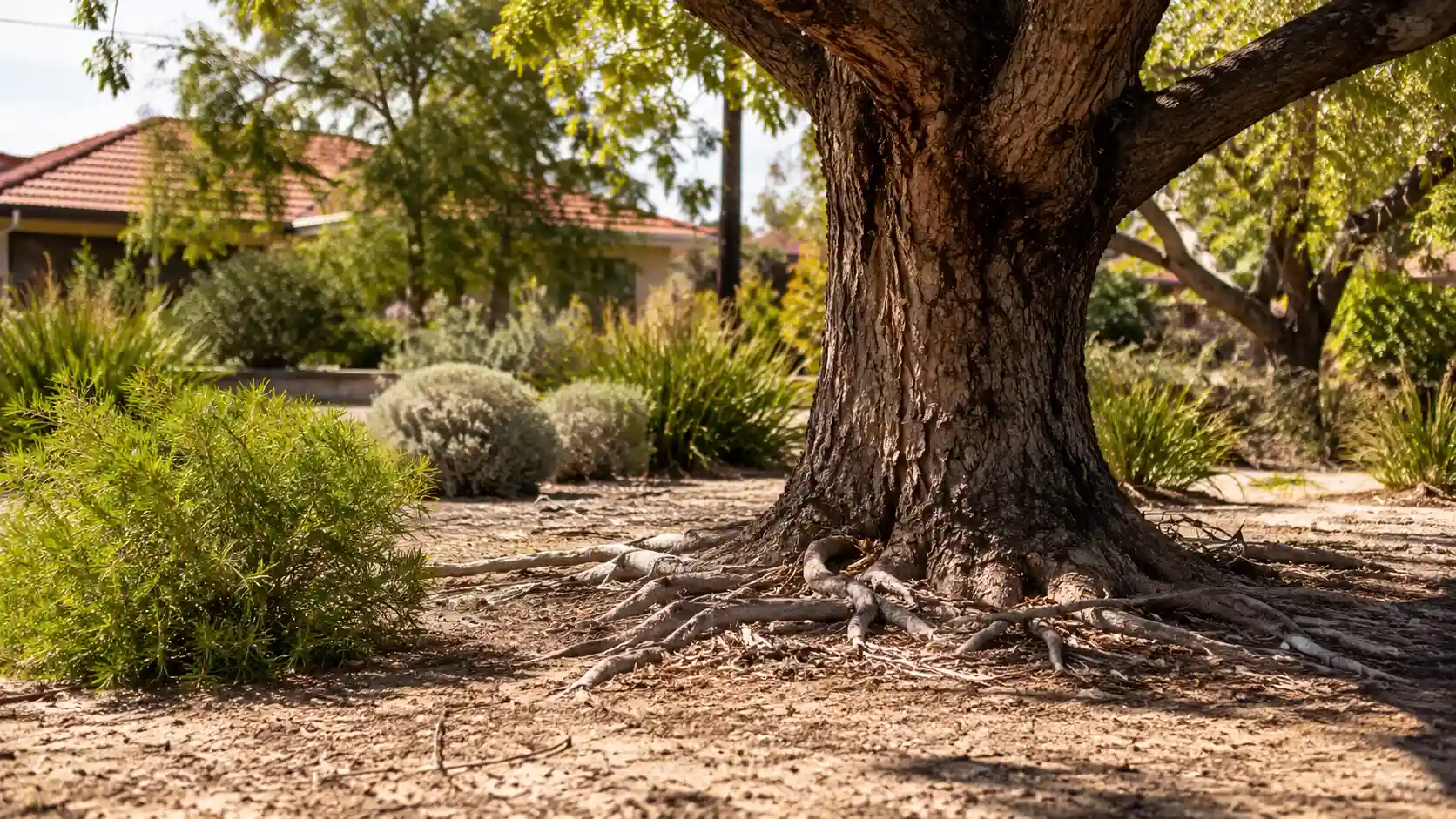 Mature Perth garden tree in sandy soil typical of Western Australia, which creates ideal termite habitat.