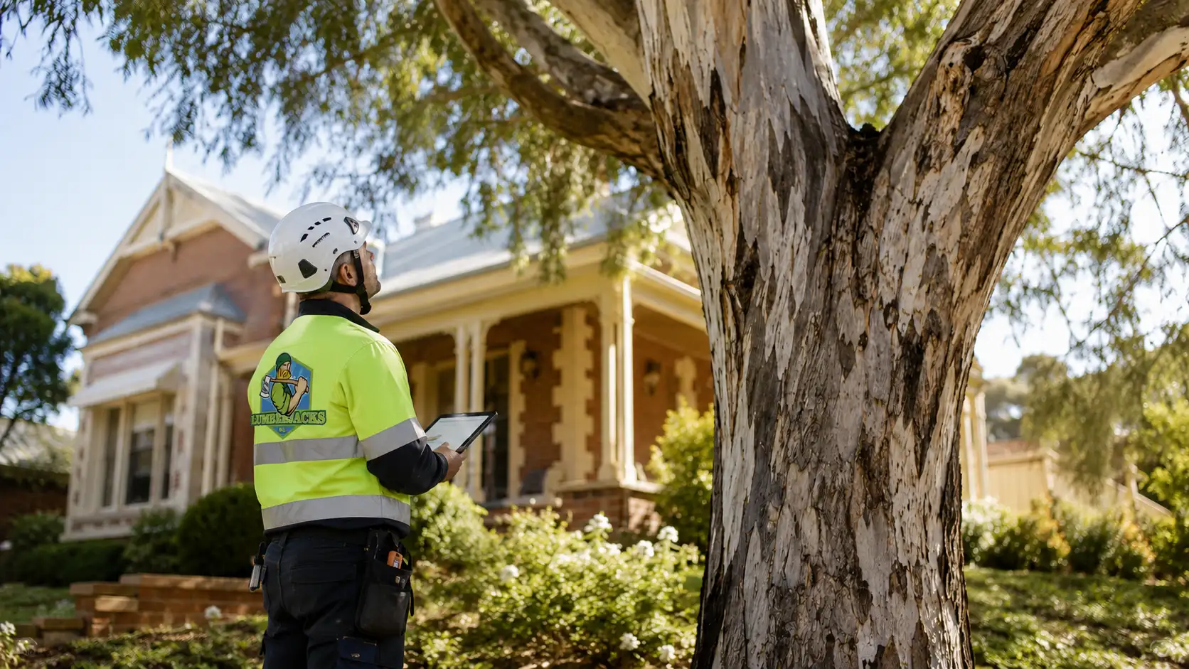 An arborist assessing a large gum tree in a Perth front yard and taking notes.