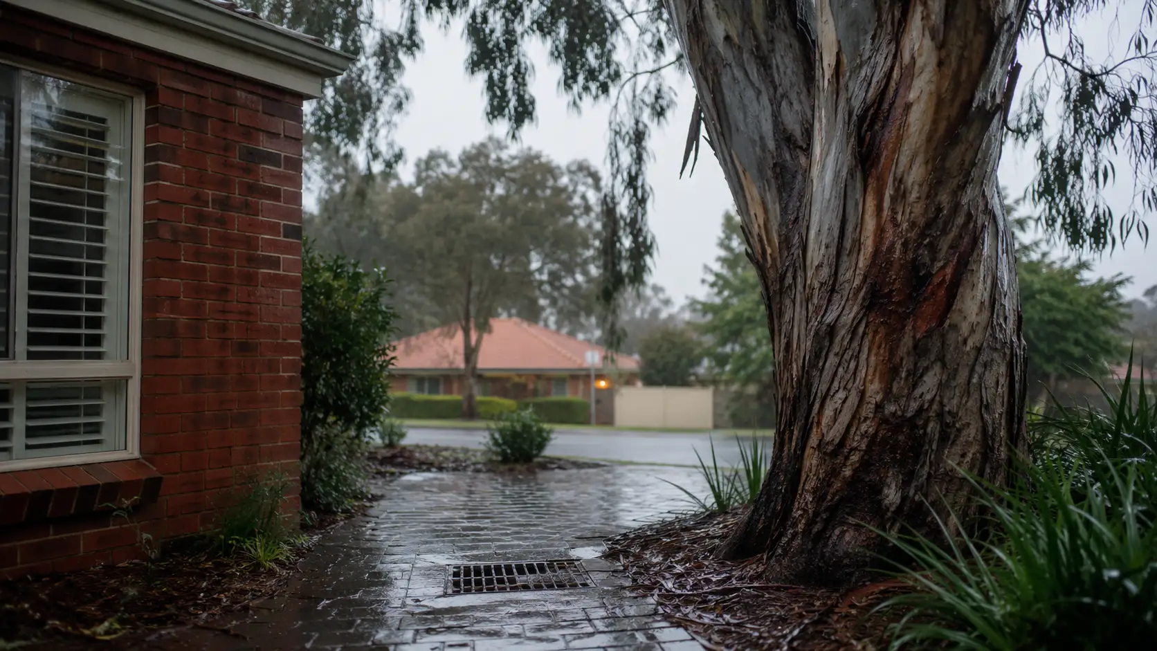 Rainwater pooling around a backyard drain beside a large gum tree at a Perth home in winter.