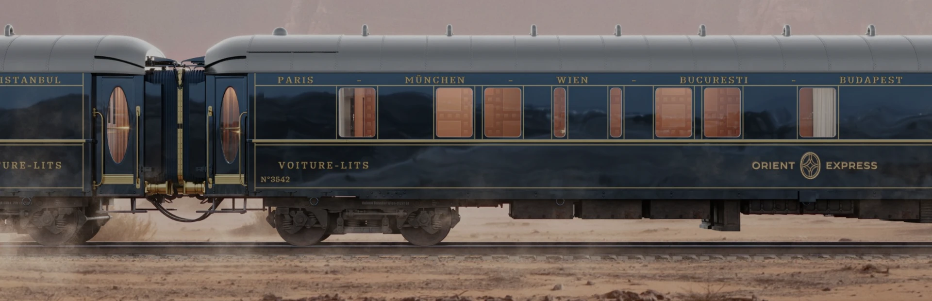 Side-view of Orient Express train on the tracks.