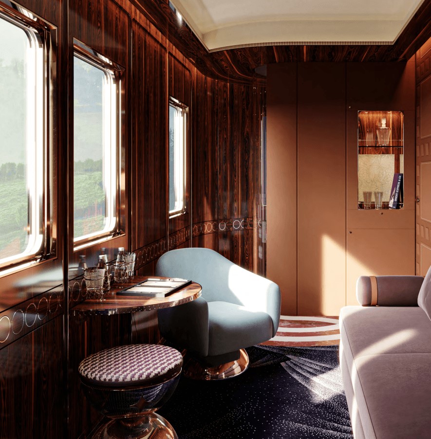 Interior of L'Orient Express train's suite room, the room is composed of luxurious wood and stylish furnishings