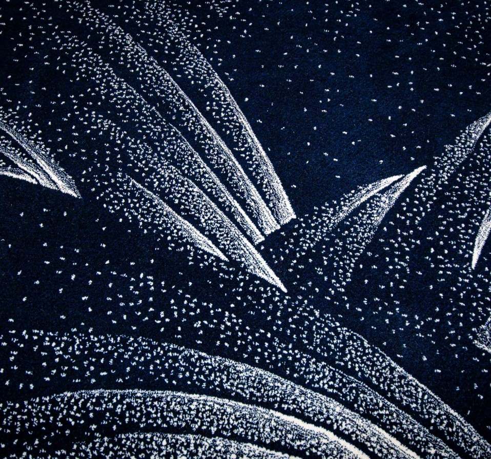 Close-up of L'Orient Express suite's carpet, it's a deep blue colour with white tufts that appear like a starry sky.