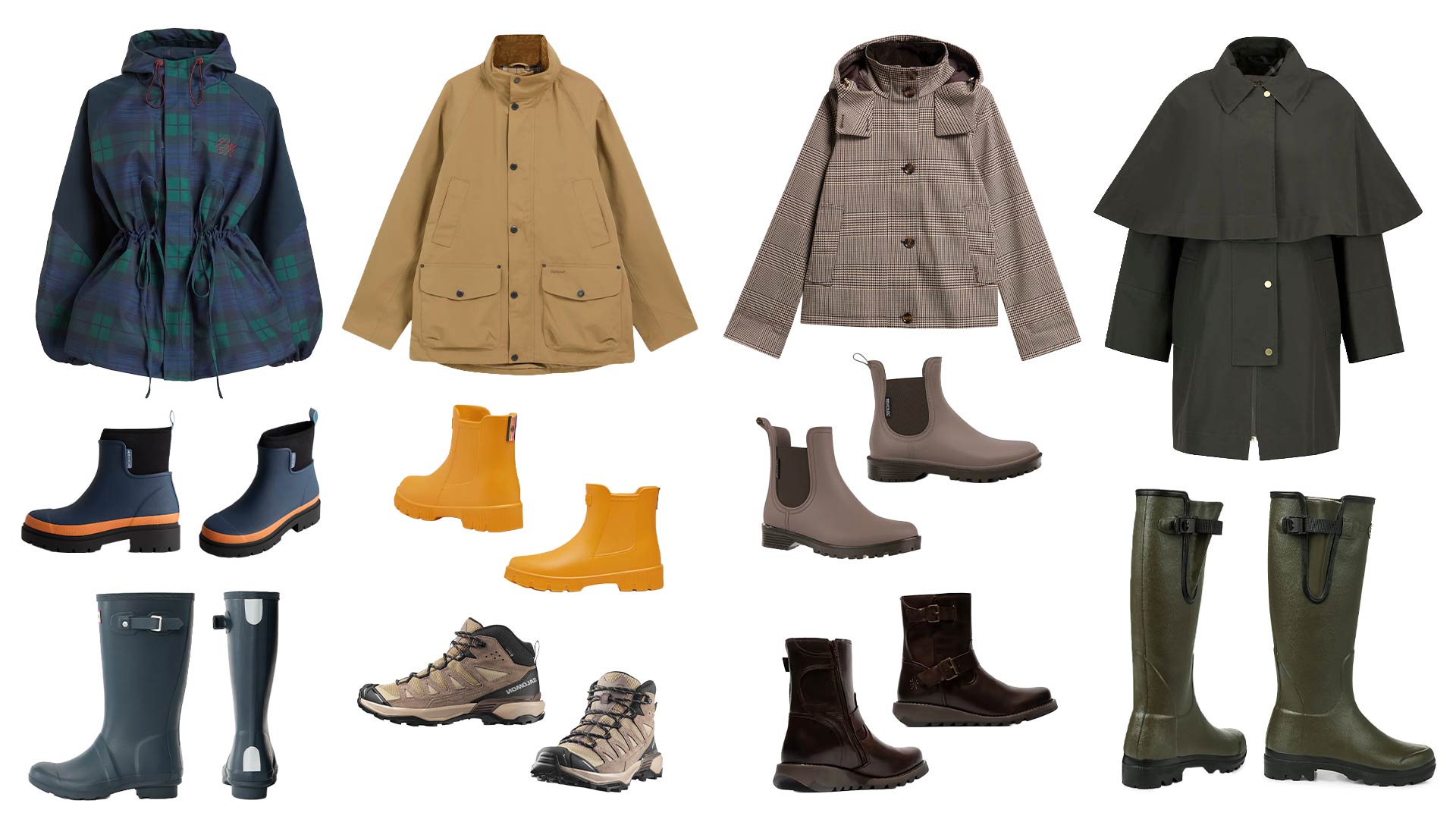 Various kinds of raincoats and waterproof footwear.