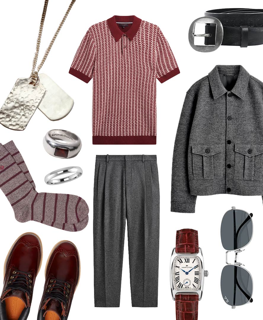 A collage of a casual men's outfit. A red-patterned polo, merino wool trousers and jacket - alongside various silver accent jewelry. 