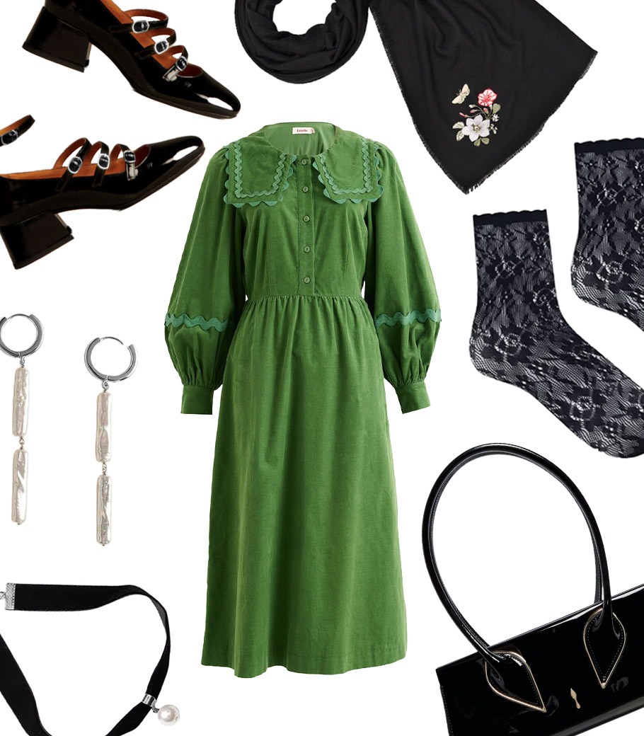 A collage of a casual outfit, featuring a green dress and black-floral accessories with silver and pearl accents for women.