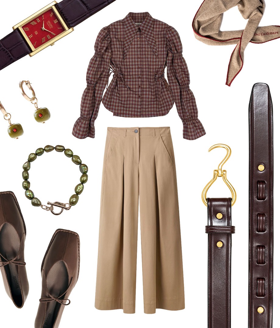 A flat lay collage of a red-brown casual outfit with gold and olive-green accents for women.