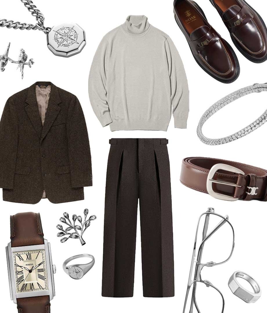 A collage of a men's dinner outfit. Features a mock-neck sweater, merino wool jacket an trousers, alongside silver accessories.