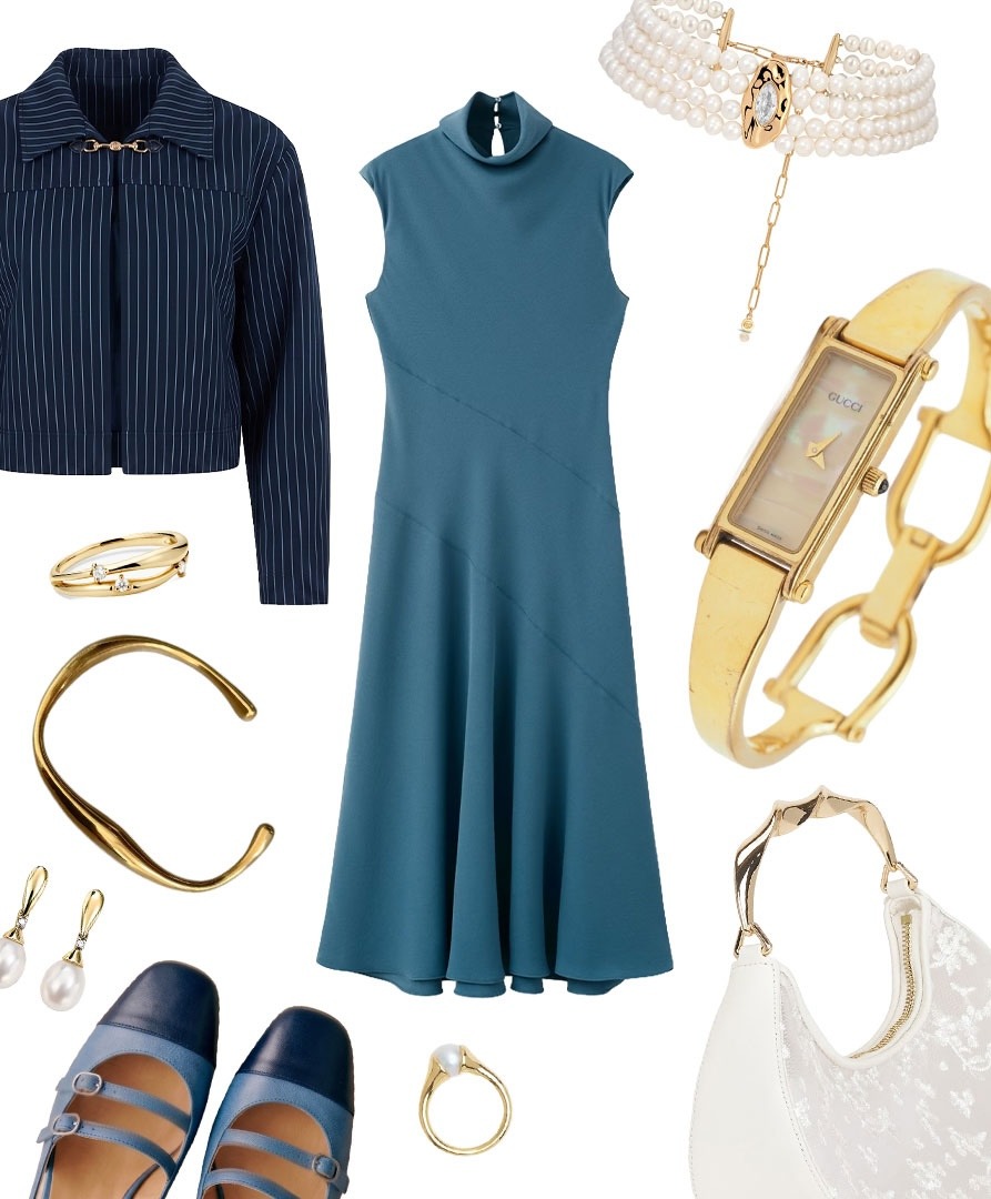 A collage of a dinner outfit for women. A blue dress and nay jacket with gold and pearl accessories.