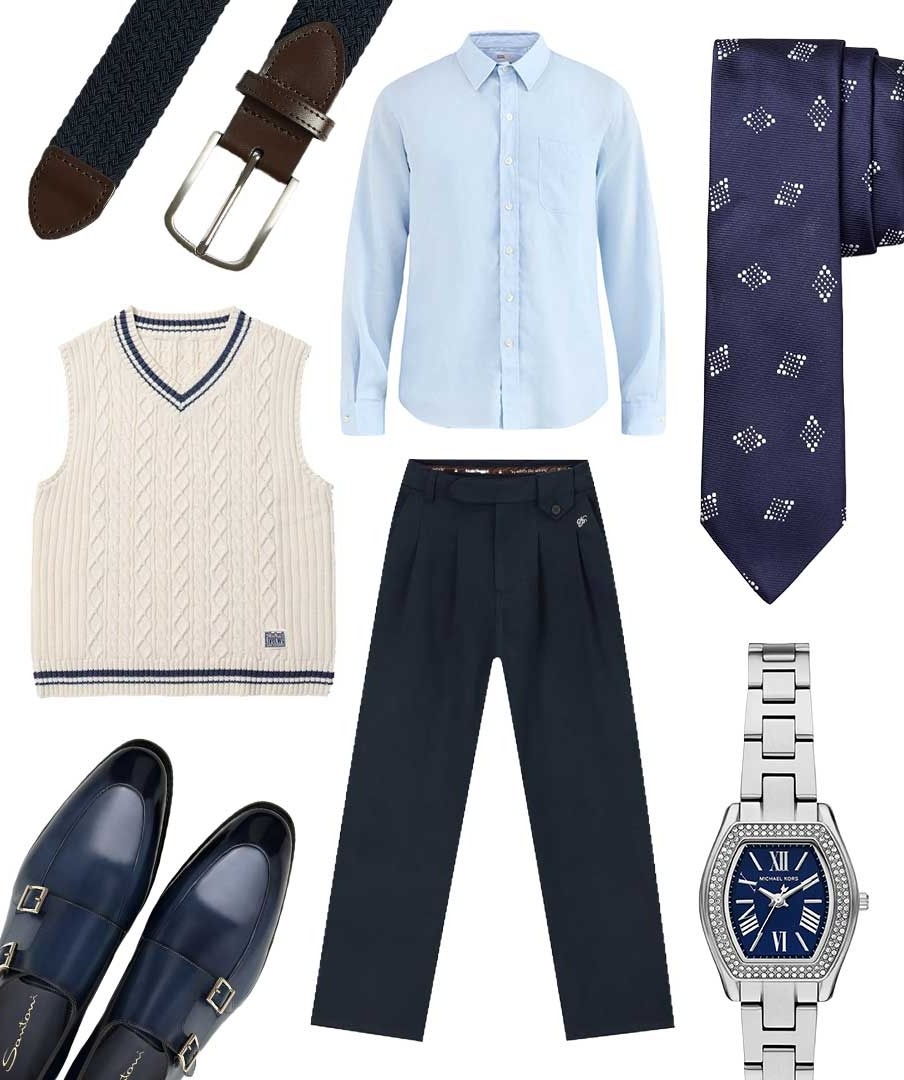 A collage of a men's dinner outfit. Features a blue collared shirt, a swear-vest, and black, navy and silver accessories.