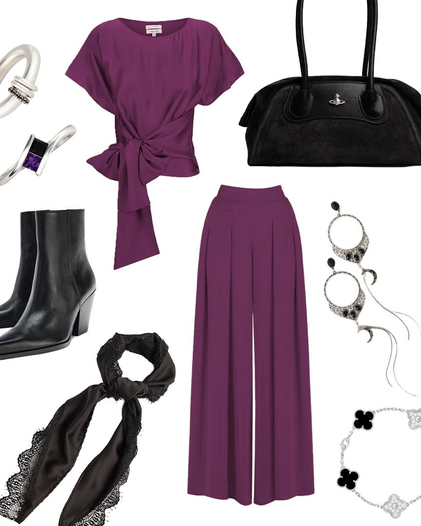 A collage of a women's dinner outfit. A two-piece set with black and silver accessories.