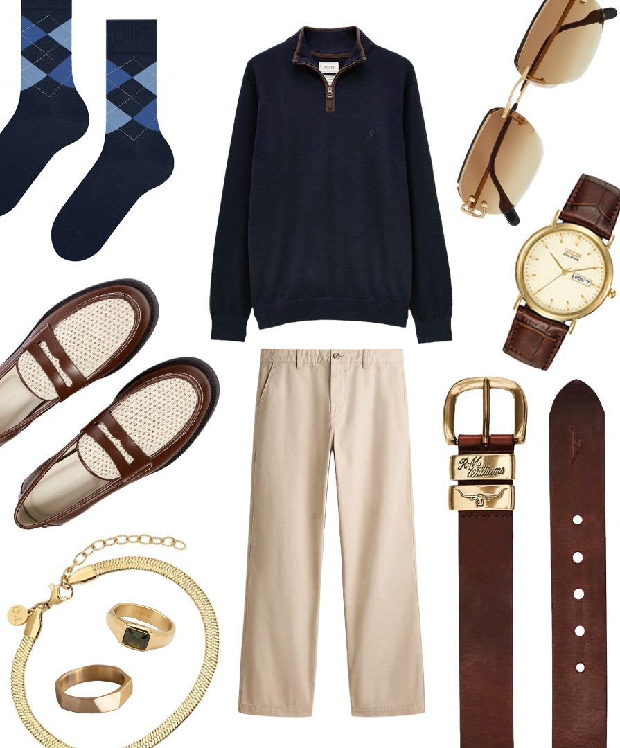 A collage of a casual men's outfit. Features a navy quarter-zip, and accessories with brown and gold accents.