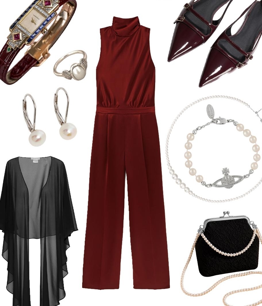 A collage of a dinner outfit for women. Features a red silk jumpsuit with black, pearl, and silver accessories.