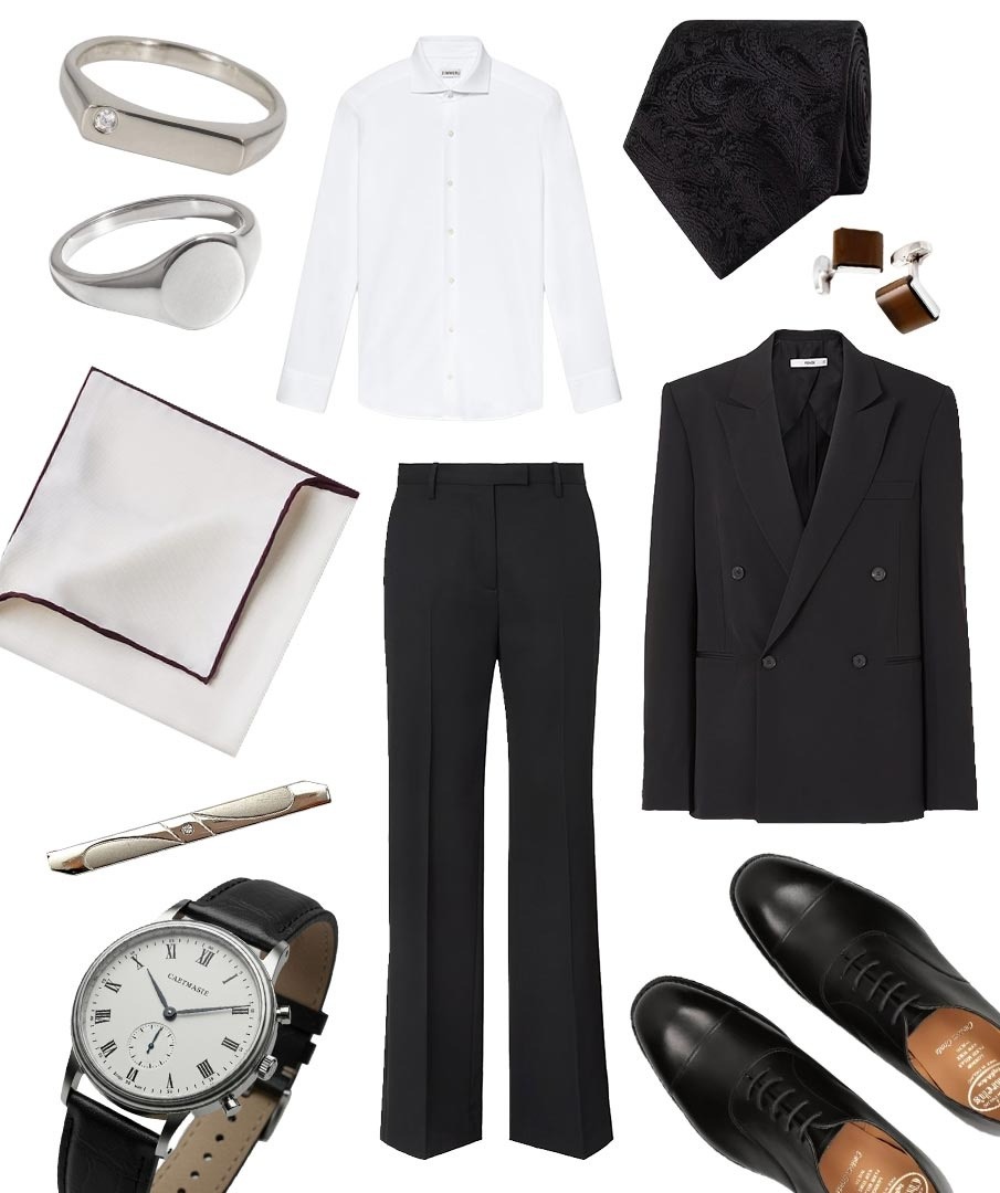 A collage of men's traditional black-tie attire.