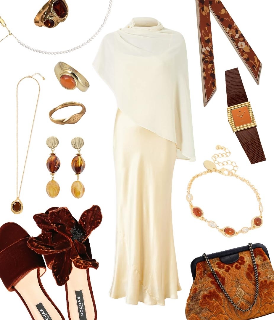 A collage of a a formal women's dress. Features a pale, yellow, satin dress, with burnt orange, brown, and gold accessories.