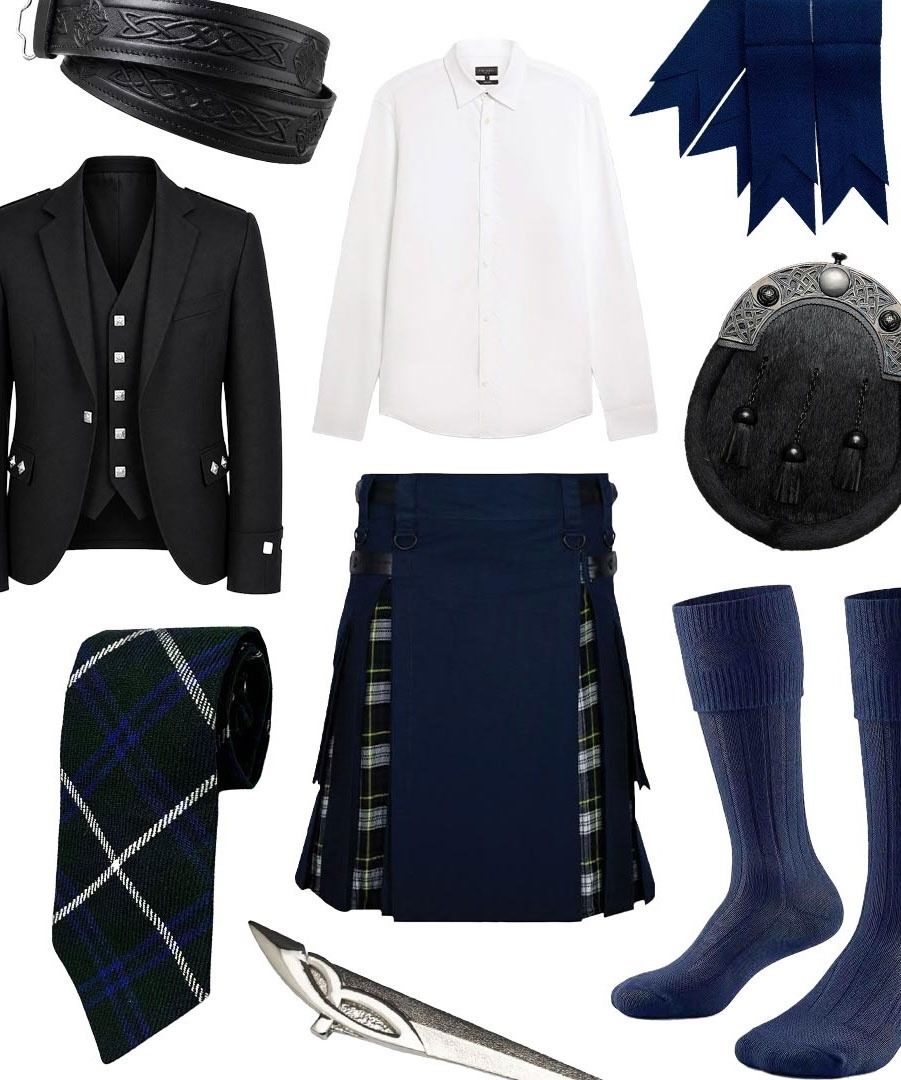 A collage of men's full kilt regalia. 
