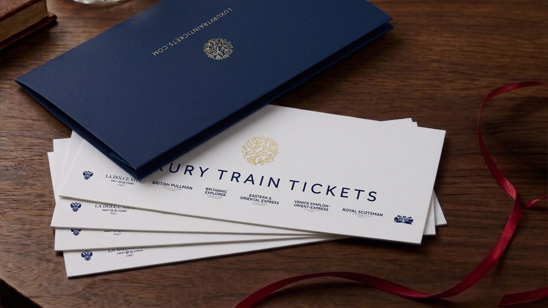 A spread of elegant gift vouchers peeking out from under a navy card voucher wallet.