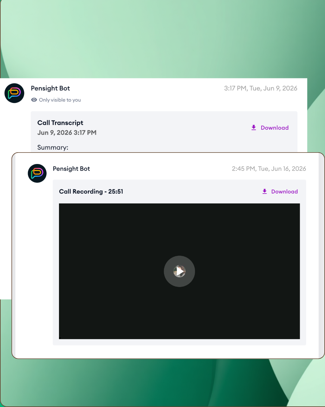Pensight AI call transcript and recording shared in student chat