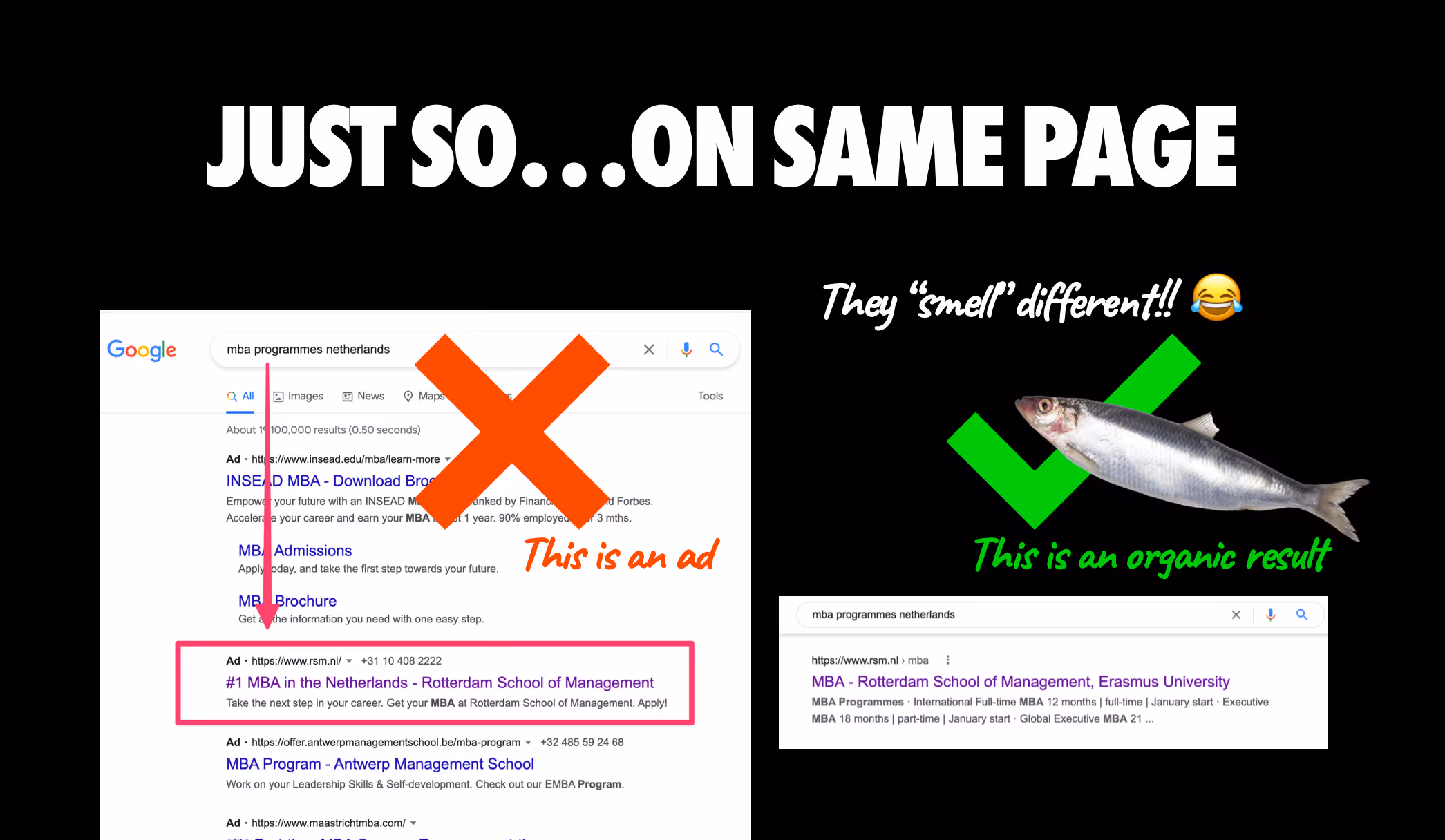 Comparison of Google search results for 'mba programmes netherlands' with a red X highlighting an ad on the left and a green checkmark with a fish illustrating an organic result on the right, emphasizing the difference between ads and organic results.