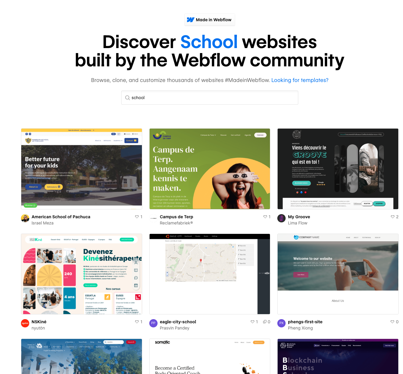 screenshot of webflow school websites