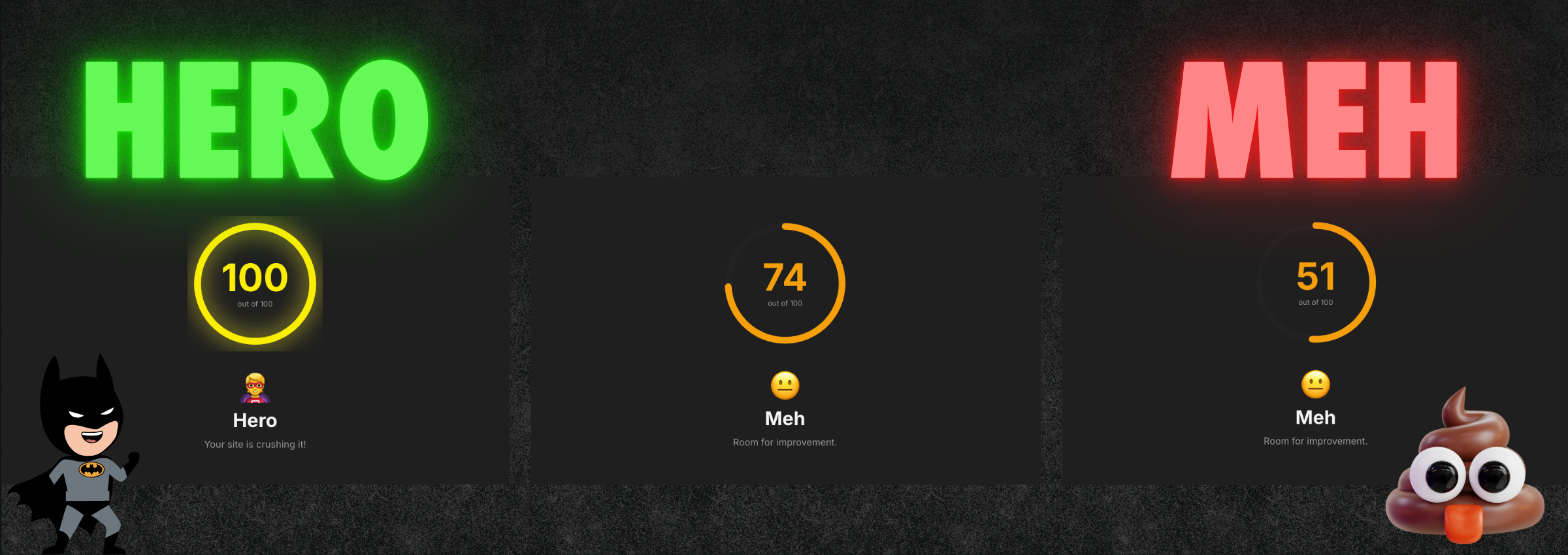 webflow seo health check score of hero vs meh