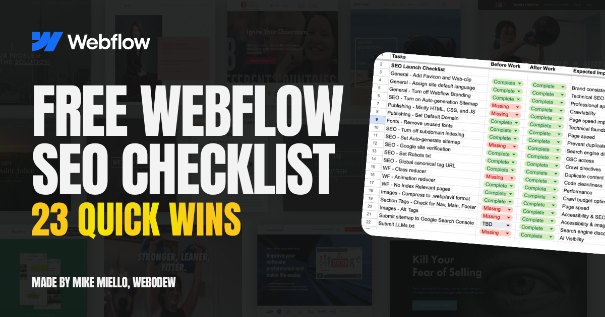 Webflow logo with text offering a free Webflow SEO checklist featuring 23 quick wins, alongside a partial screenshot of an SEO task list with completion status.