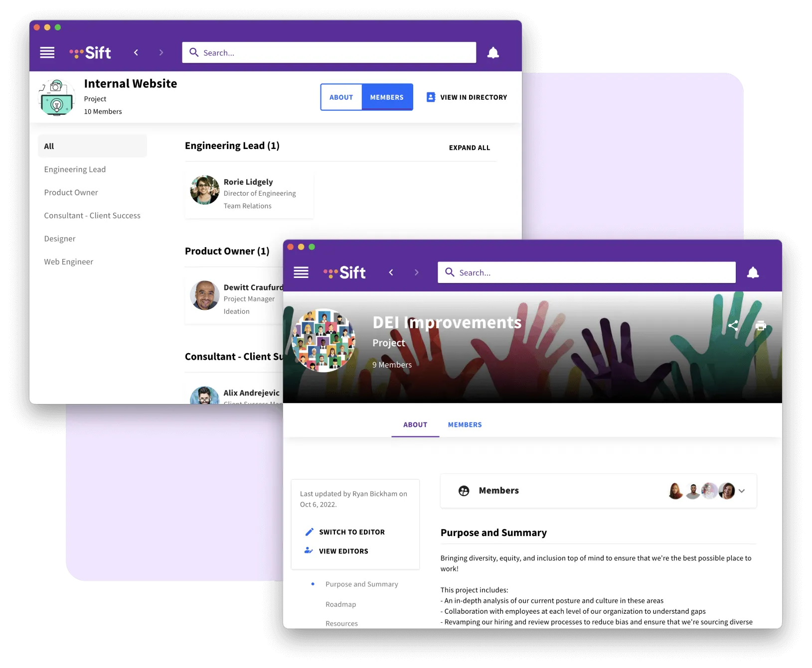 Two browser windows with Sift Pages profiles of office location and members of project