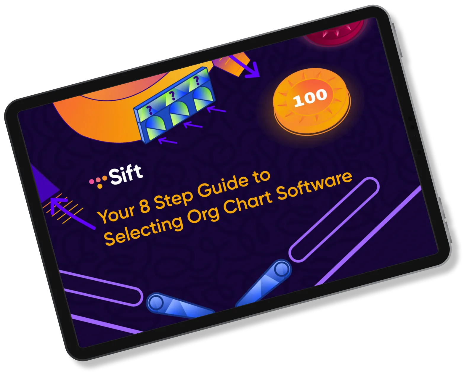 A tablet computer showing the cover page of an eBook, "Your 8 Step Guide to Selecting Org Chart Software"