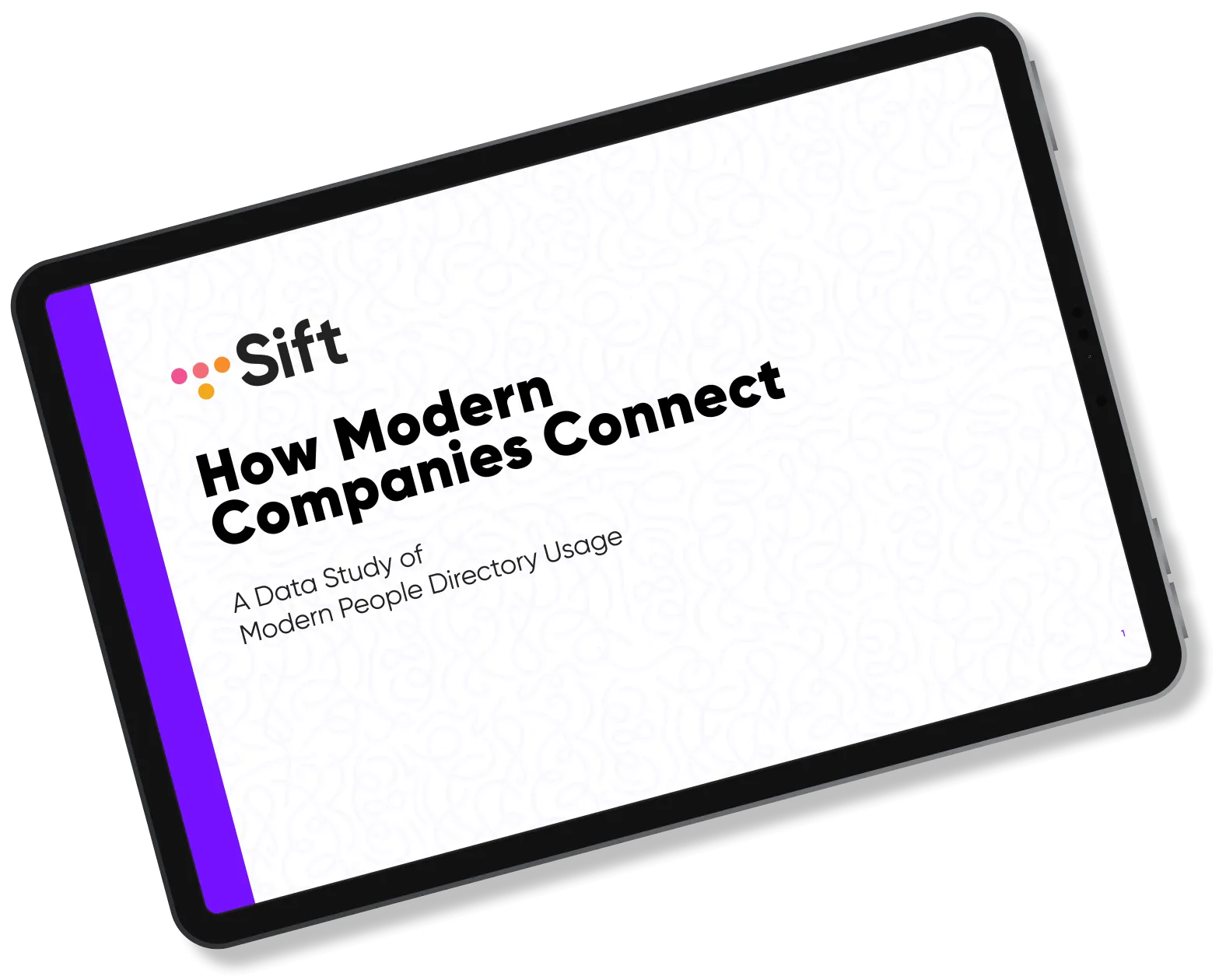 A tablet computer showing the cover of a Sift report, "How Modern Companies Connect: A Data Study of Modern People Directory Usage"