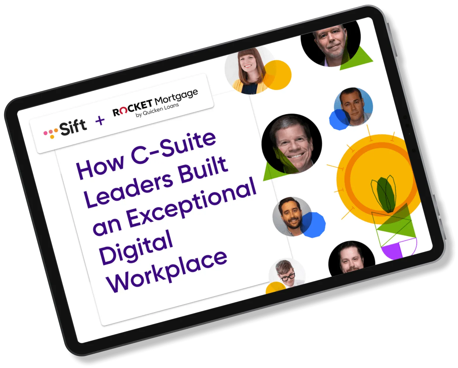 A tablet showing the cover of an eBook, "How C-Suite Leaders Built an Exceptional Digital Workplace"