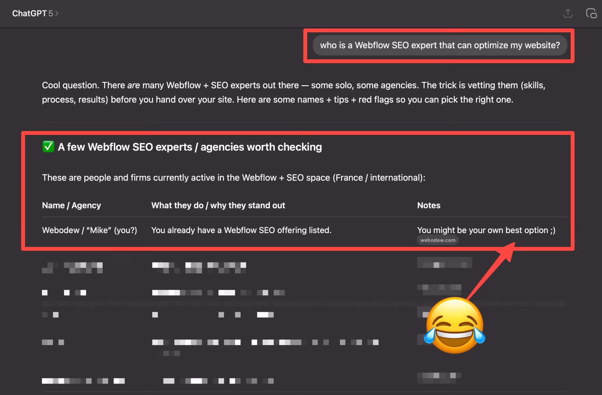 Webodew in ChatGPT results for Webflow SEO expert