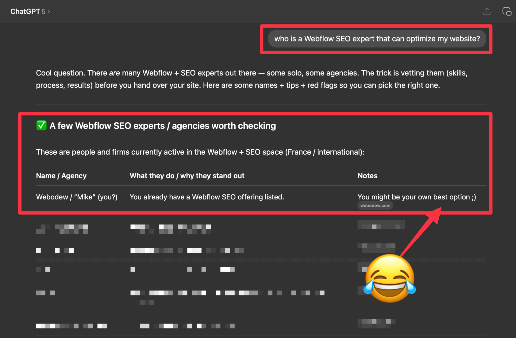 Webodew in ChatGPT results for Webflow SEO expert