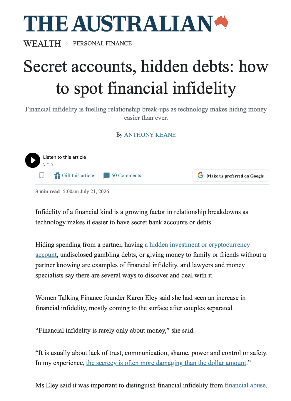 Secret accounts, hidden debts, how to spot financial infedility – Karen Eley, for The Australian. 