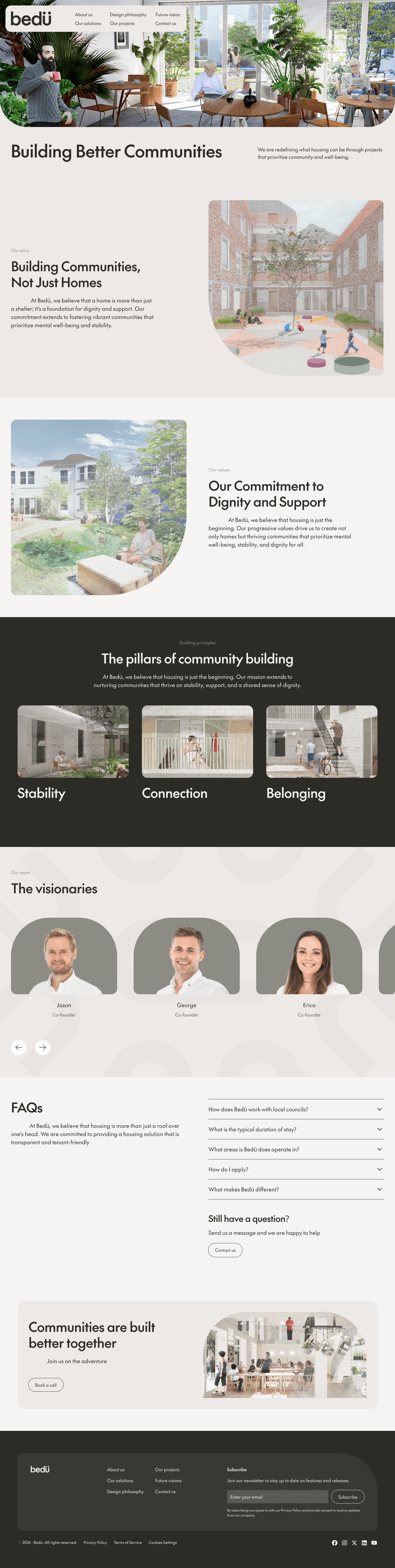 Webpage for Bedü illustrating community-focused housing with photos of people in shared spaces, text on building better communities, pillars of stability, connection, belonging, team photos, FAQs, and contact invitation.