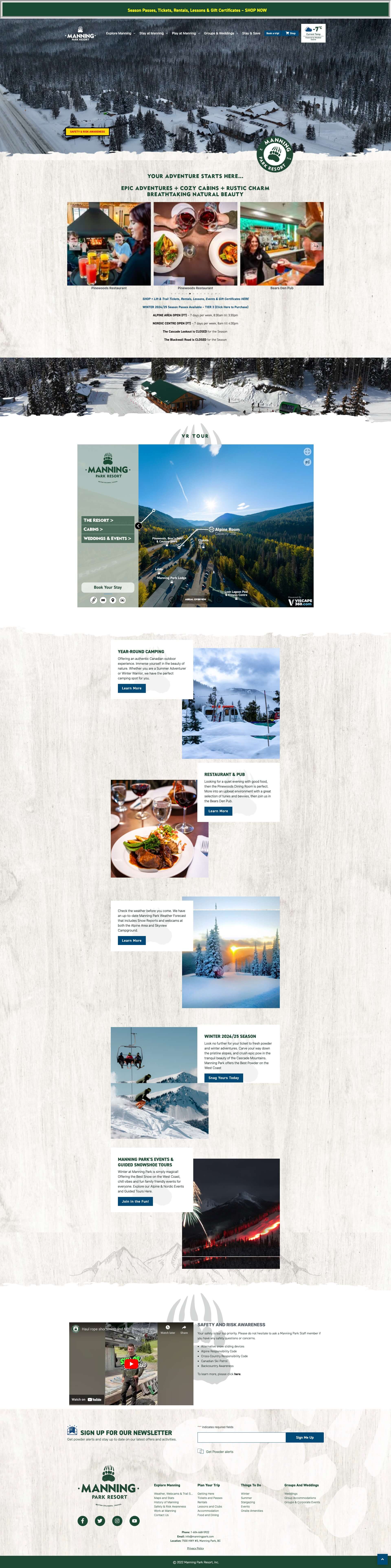 Website homepage of Manning Park Resort showing a snowy aerial view of the resort area surrounded by dense forest, with sections highlighting cozy cabins, dining, virtual tours, seasonal activities, and event information.