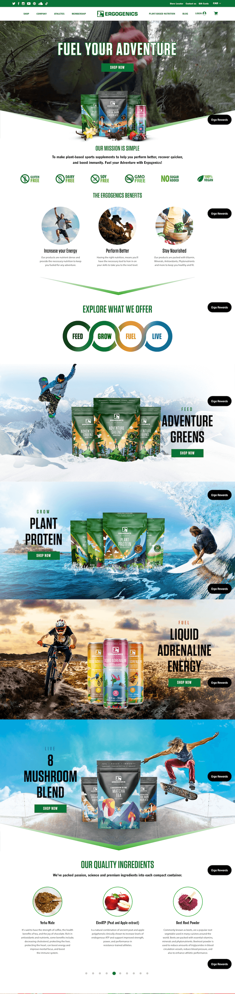 Ergogenics website homepage showcasing plant-based sports supplements with product images and action shots of athletes engaged in outdoor activities.