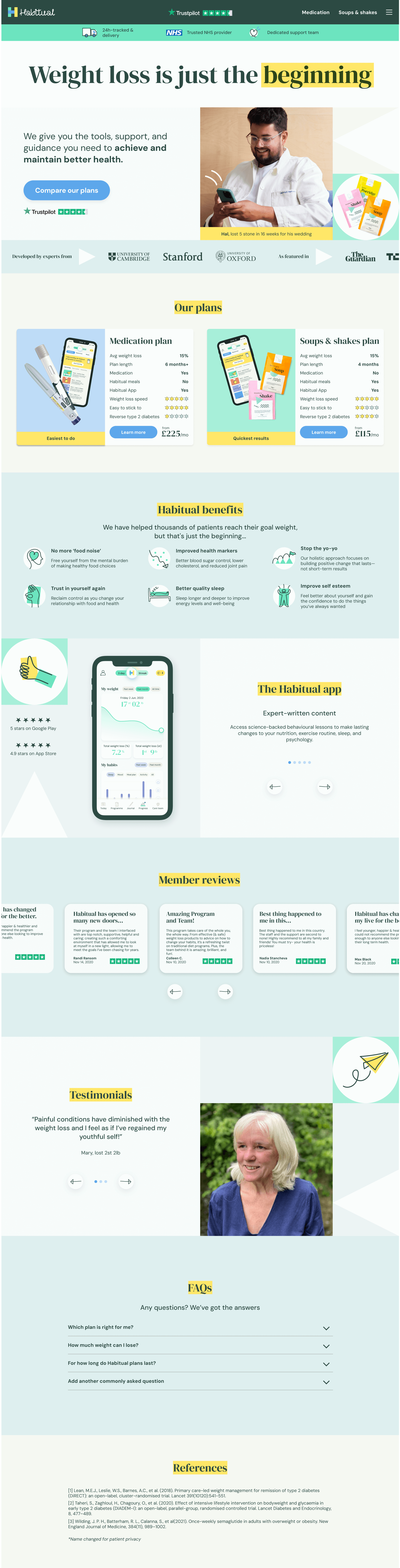 Website homepage for Habitual featuring weight loss plans with medication and soups & shakes options, app interface, benefits, member reviews, testimonials, FAQs, and references.