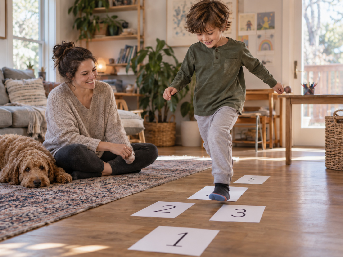 A child stepping between numbered cards during a movement-based learning activity.