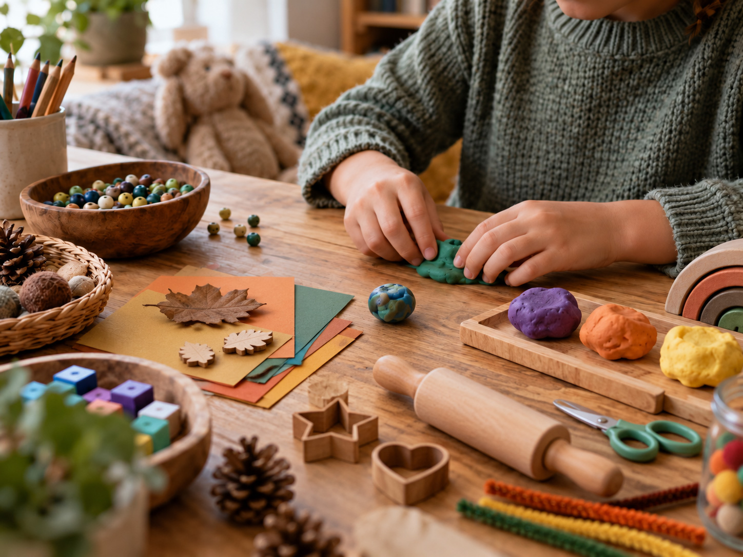 A child shaping modelling dough among craft and counting materials.