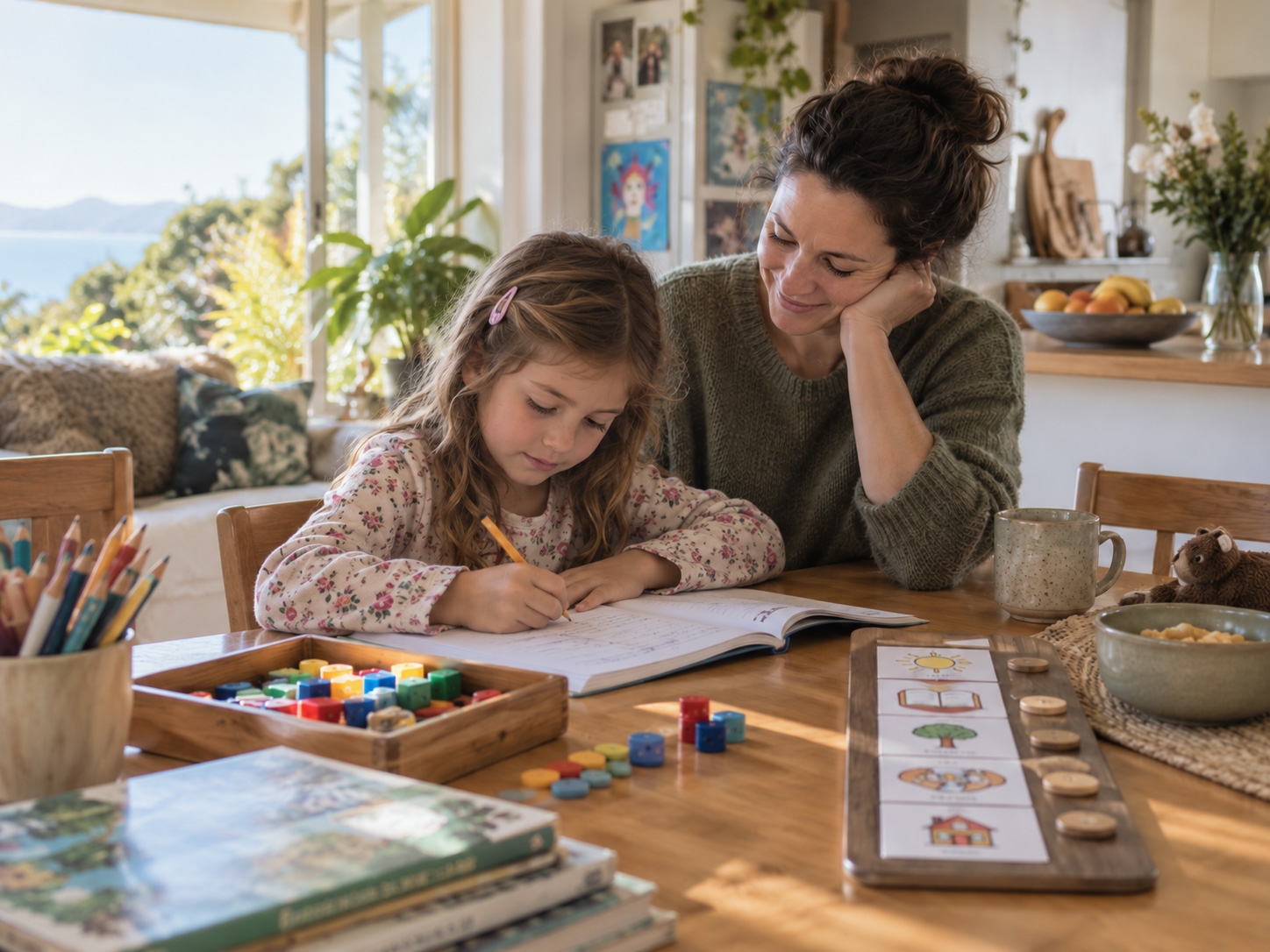 A child practising writing beside a parent, with hands-on learning materials nearby.