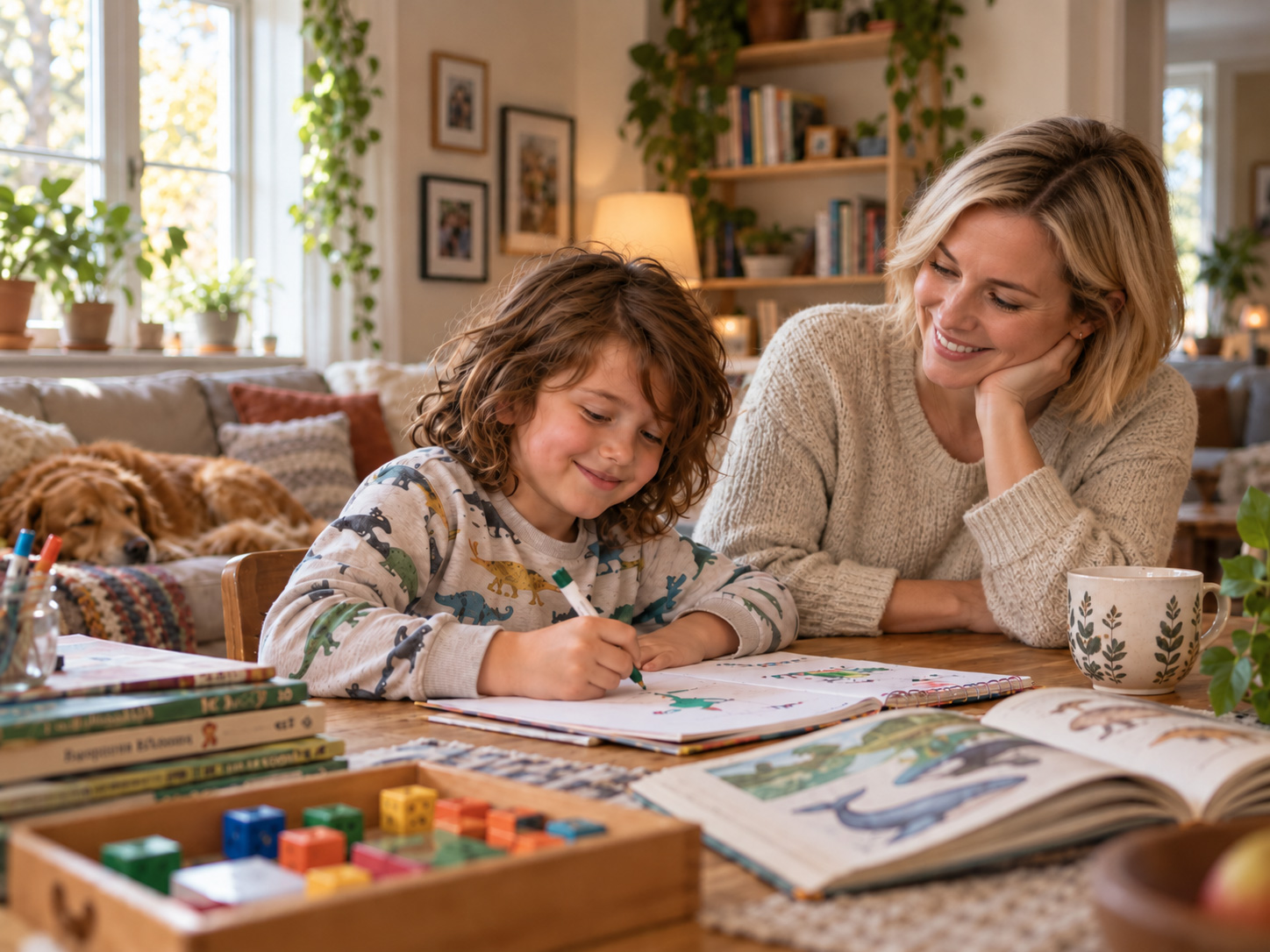 A parent supporting a child writing at the kitchen table.