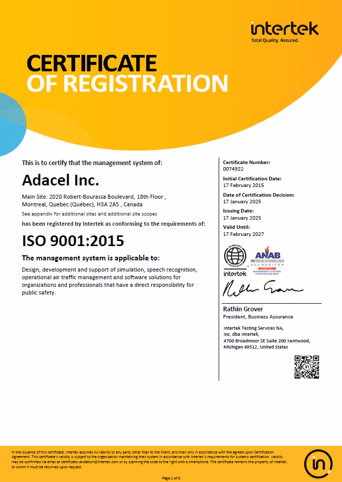 Adacel-Orlando ISO 9001:2015 Certification